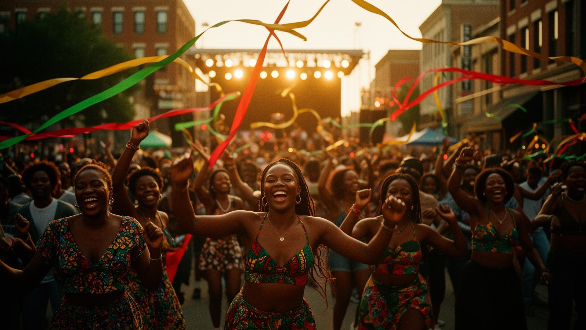 Juneteenth celebration with dancers and ribbons at golden hour
